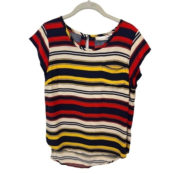 KENAR Red Blue White Yellow Striped Cap Sleeve Hi Low Top Size Medium NWOT - Picture 1 of 4